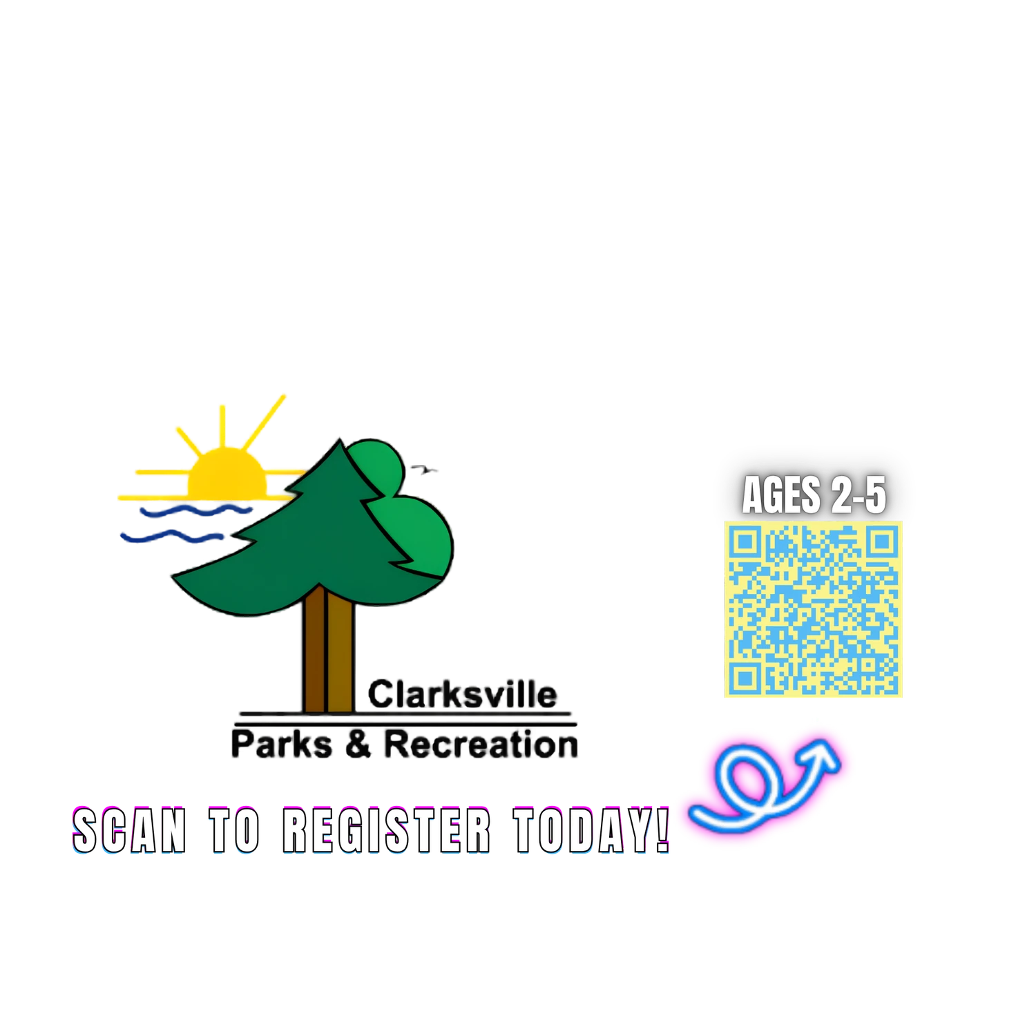 Clarksville Parks and Recreation footer graphic with QR code and scan to register callout